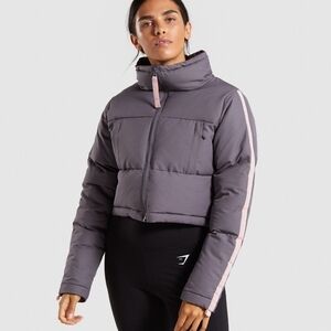 Gymshark Grey Oversized Cropped High Neck Full Zip Canvas Puffer Jacket